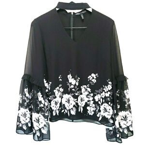 White House Black Market Choker Collar Floral Blouse Whimsy Goth Size 8